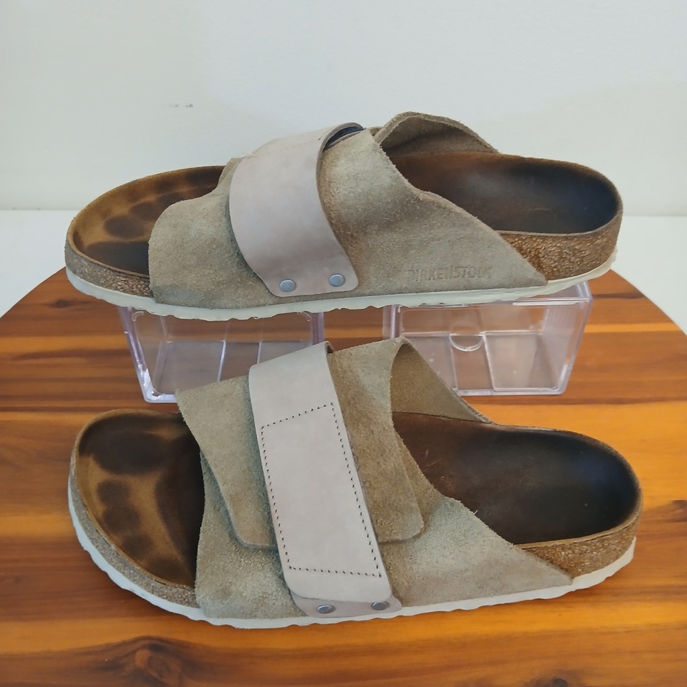 Birkenstock Kyoto Sandals Mens 40 Taupe Suede Nubuck Leather Hook and Loop Slide